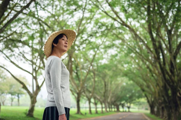 Vrouw een wandeling maken op de weg onder de bomen — Stockfoto