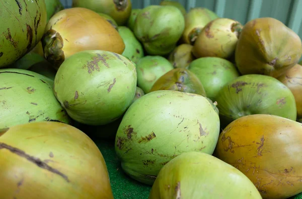 Fruta de coco empilhada no mercado — Fotografia de Stock