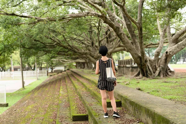 Mujer caminar en una escalera bajo los árboles — Foto de Stock