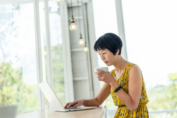 Азиатка работает и использует ноутбук — стоковое фото