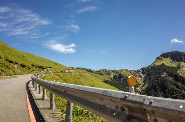 Mavi gökyüzü altında yeşil otlak ile yol — Stok fotoğraf