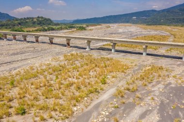 Altından miscanthus ile nehir üzerinde köprü