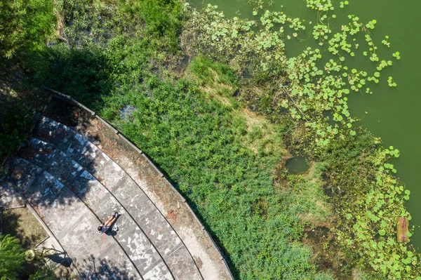 Asyalı Kadının Hava Görüntüsü Açık Havada Yerde Oturuyor — Stok fotoğraf