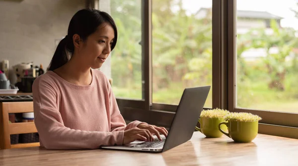 Young Asian Woman Working Home Laptop Wooden Table — Stock Photo, Image