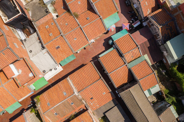 Lukang, Taiwan - October 18th, 2019: aerial view of cityscape with Lukang old street at Lukang township, Changhua, Taiwan