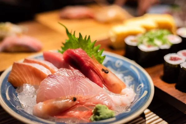 Läckra Sashimi Skaldjur Tallrik Restaurang — Stockfoto