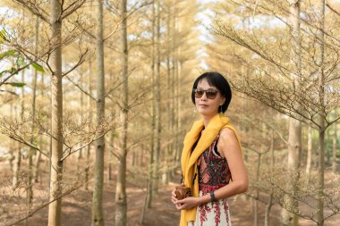 Modern Asyalı kadın ormanda bir kamera tutuyor.