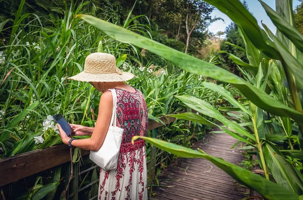 森の中の路地で写真を撮るアジアの女性の旅 — ストック写真