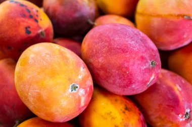 Geleneksel pazarda canlı kırmızı renkli mango meyveleri yığını, Tayvan