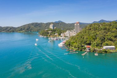 Nantou, Tayvan - 2 Ekim 2019: Shuishe Rıhtımı Sun Moon Gölü, Tayvan, Asya