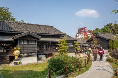 Chiayi, Tayvan - 3 Şubat 2020: Eski binaları olan Hinoki Köyü Parkı, Tayvan 'daki ünlü eğlence merkezi