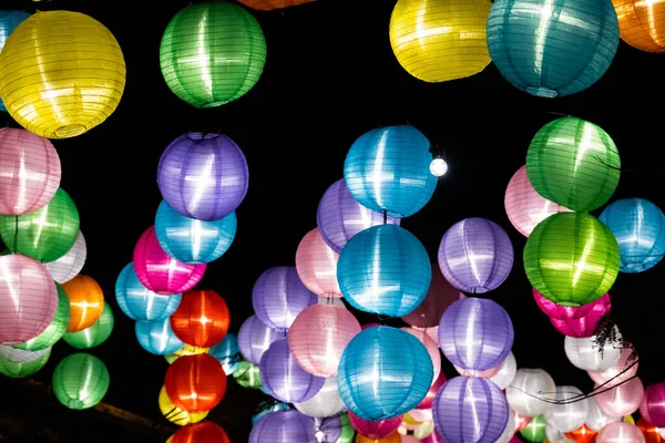 colorful lantern hanging up in the night at Chinese new year