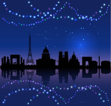 Paris vektör silhouete ve renkli Chritsmas ışıklar