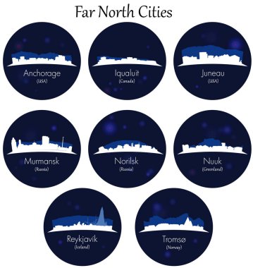 Far north vector cities collection. Detailed skylines in circular background clipart