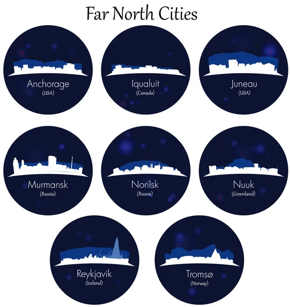 Collection Des Villes Vectorielles Grand Nord Skylines Détaillés Arrière Plan — Image vectorielle