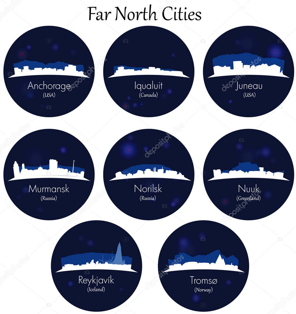 Far north vector cities collection. Detailed skylines in circular background