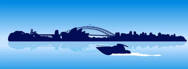 Sydney city detailed skyline with moving speedboat — Stock Vector