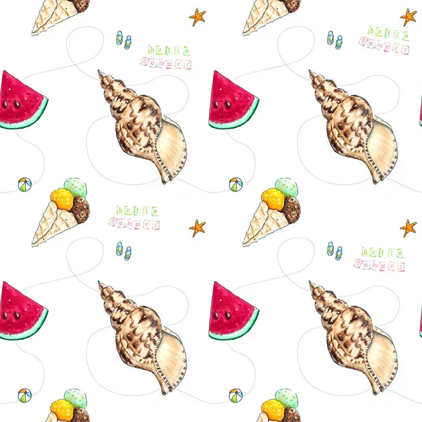 Hand drawn summer seamless pattern on white — Stock Photo, Image