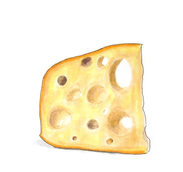 Ilustracja narysowana ręcznie. Kawałek szwajcarskiego sera — Zdjęcie stockowe