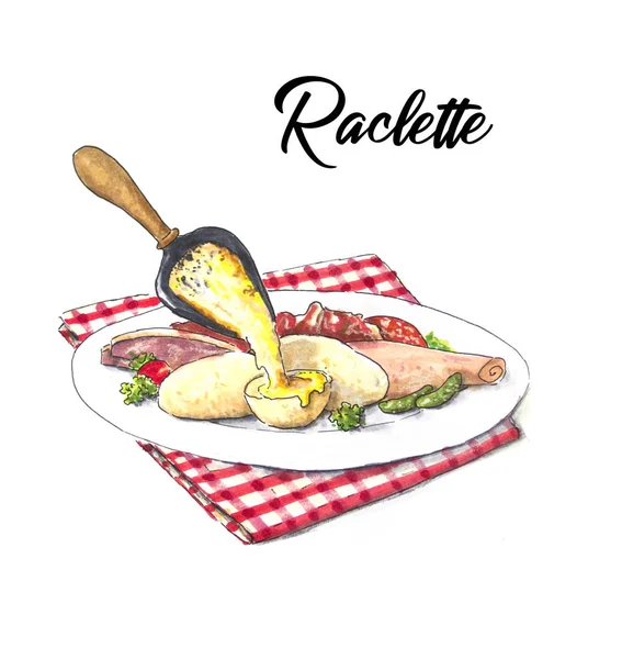 Raclette ręcznie rysowany szkic z ziemniakami i szynką — Zdjęcie stockowe