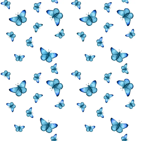 Ręcznie rysowane bezszwowe wzory z latającymi niebieskimi motylami — Zdjęcie stockowe