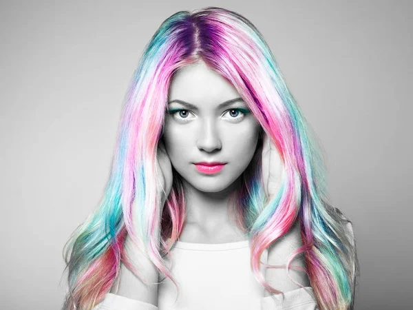 Beauty Fashion Model Girl Colorful Dyed Hair Girl Perfect Makeup — Stock Photo, Image