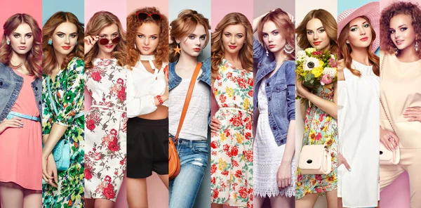 Moda kolajı. Bir grup güzel genç kadın. Çiçekli bahar elbisesi içindeki sarışın genç kadın. Kız pozu. Yaz çiçekli kıyafet. Şık dalgalı saç stili. Moda fotoğrafı.