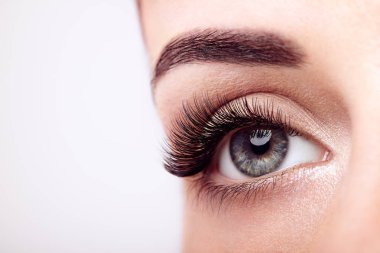 Female Eye with Extreme Long False Eyelashes. Eyelash Extensions. Makeup, Cosmetics, Beauty. Close up, Macro clipart