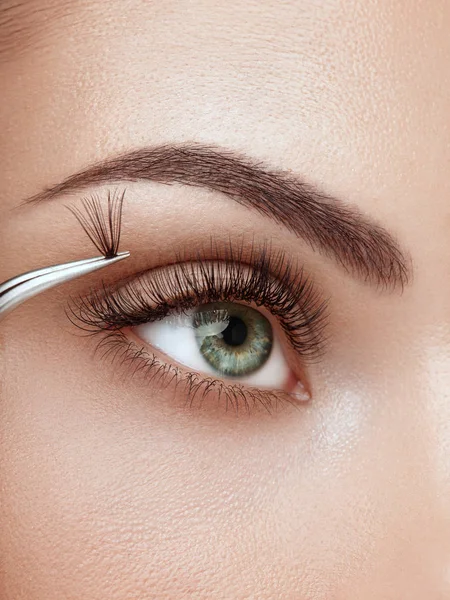 Vrouwelijk Oog Met Extreme Lange Valse Wimpers Wenkbrauwverlengingen Make Cosmetica — Stockfoto