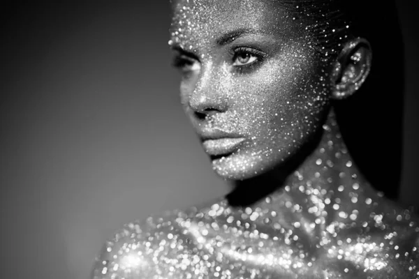 Fashion Model Woman Bright Sparkles Lights Posing Studio Portrait Beautiful — Stock Photo, Image