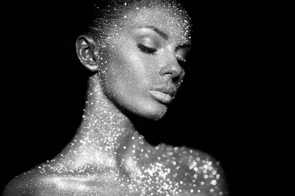 Fashion Model Woman Bright Sparkles Lights Posing Studio Portrait Beautiful — Stock Photo, Image