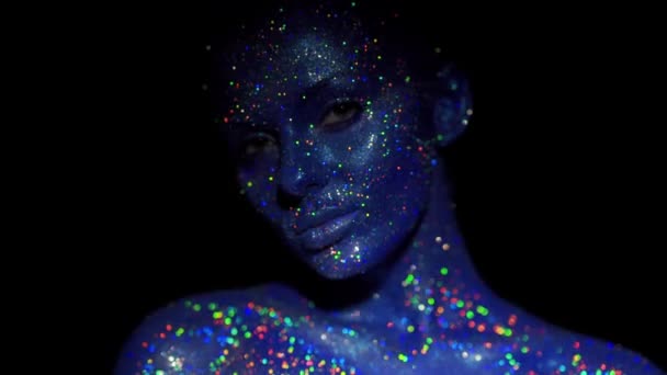 Portrait Beautiful Woman Blue Sparkles Her Face Girl Art Make — Stock Video