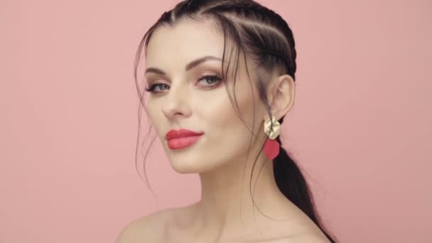 Brunette Girl Pigtails Her Head Portrait Model Close Perfect Makeup — Stock Video