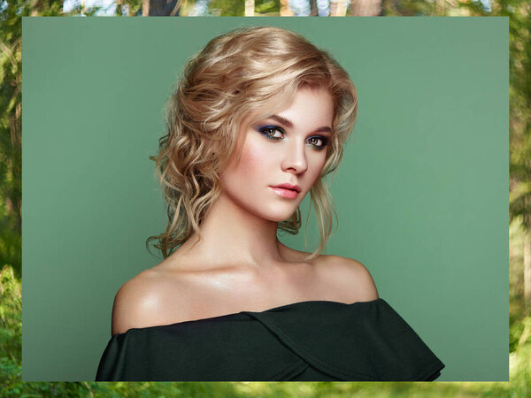 Blonde Girl with Long and shiny Curly Hair. Beautiful Model Woman with Curly Hairstyle. Care and Beauty Hair products. Perfect Make-Up