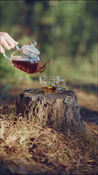 Woman Pours Tea Glass Teapot Glass Cup Tea Party Open — Stock Video