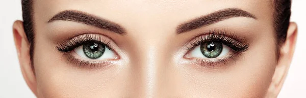 Vrouwelijk Oog Met Extreme Lange Valse Wimpers Wenkbrauwverlengingen Make Cosmetica — Stockfoto