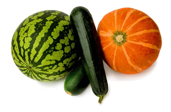 Mognade Vattenmelon Zucchini Och Pumpa Vit Bakgrund — Stockfoto