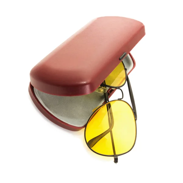 Glare Yellow Glasses Driver Red Plastic Case White Background — Stock Photo, Image