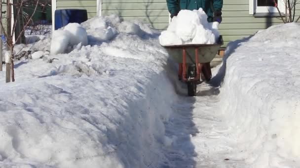 Der Mann Räumt Ende Eines Verschneiten Winters Den Schnee Von — Stockvideo