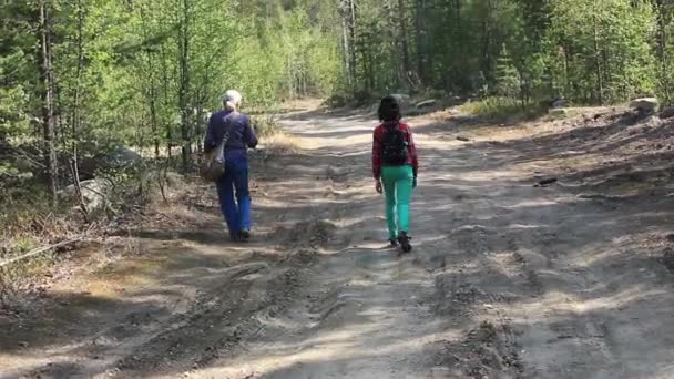 Äldre Kvinna Och Hennes Barnbarn Gick Promenad Skogen — Stockvideo