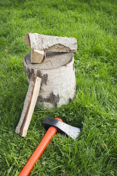 Dzielenie topora leżącego na trawie i pobliskiego drewna brzozowego — Zdjęcie stockowe