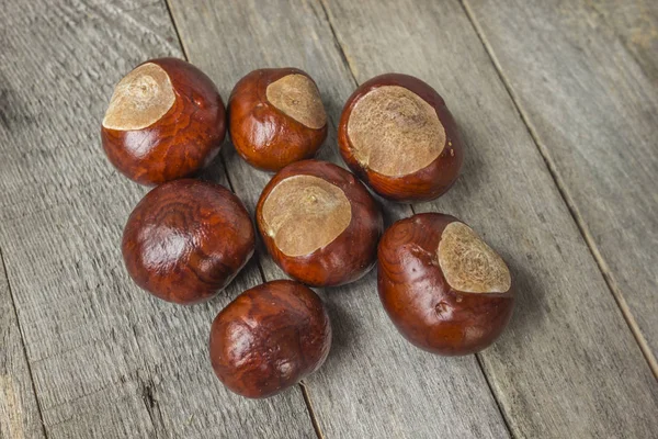 Chestnuts on grey rustic wooden table. Top view — Stock Photo, Image