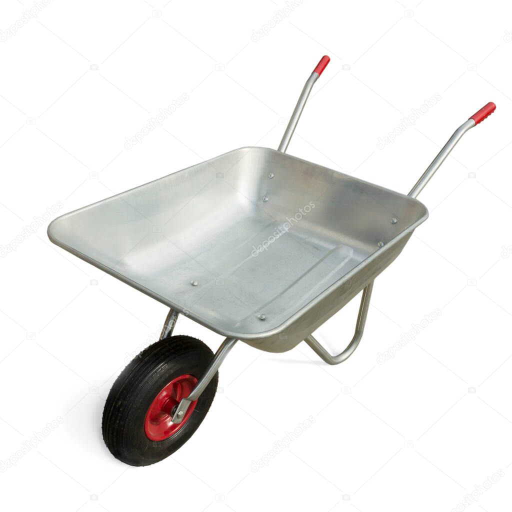 Wheelbarrow isolated on white background. Garden one-wheeled metal cart 