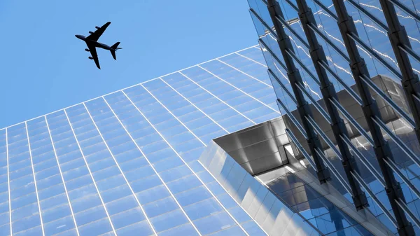 Avión Sobrevolando Edificios Modernos Ciudad Nueva York — Foto de Stock