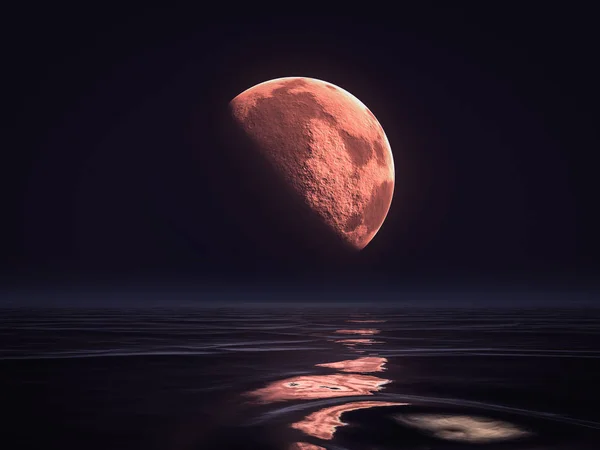 Lune Rouge Levant Sur Océan Calme — Photo