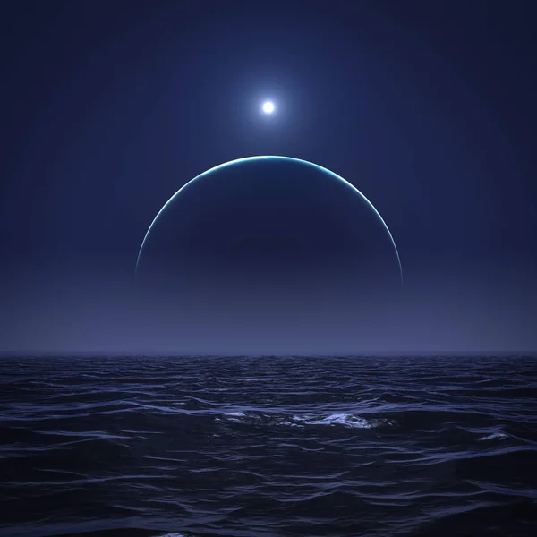 月亮和太阳在海洋与波浪 — 图库照片