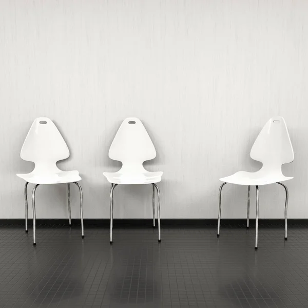 Τρεις Λευκές Καρέκλες Τοίχο Χώρο Για Κείμενό Σας — Φωτογραφία Αρχείου