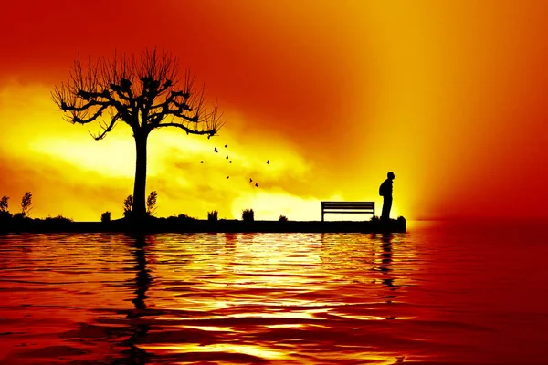 Silhouette Des Menschen Der Nähe Des Sees Vor Sonnenuntergang — Stockfoto