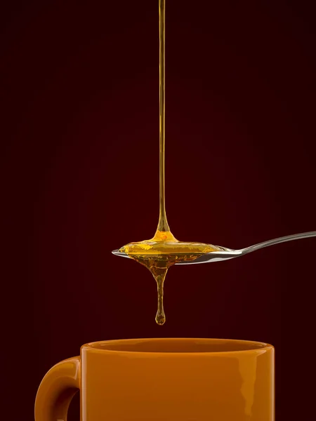 Primo Piano Cucchiaio Pieno Miele Oro Sopra Tazza — Foto Stock