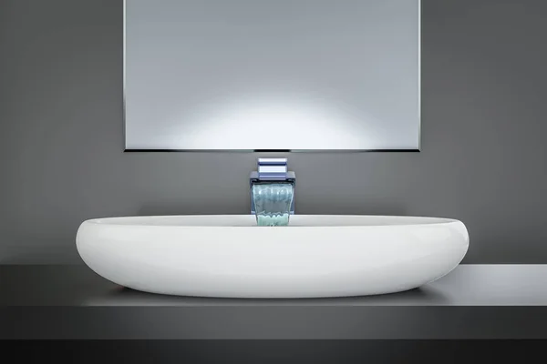 Modern tap with water flowing in washbasin